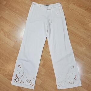 South Linen-Blend White Pants Eyelet Cutout Floral Split Hem Size 6/8
